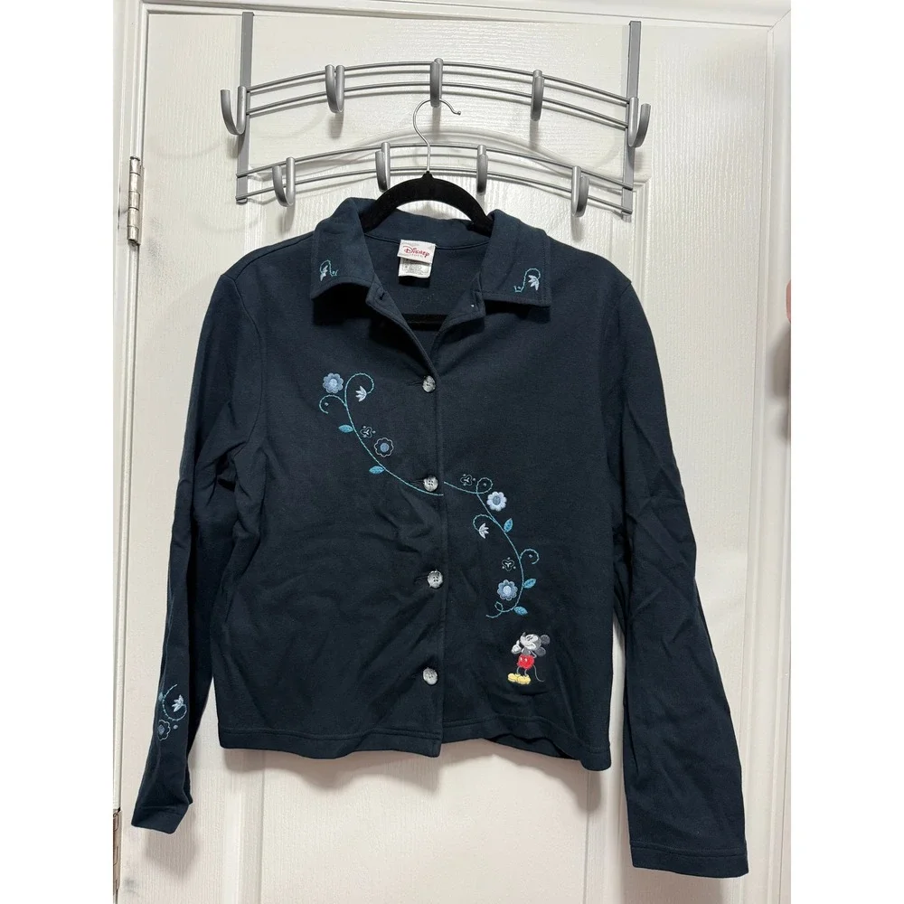 vintage Disney Mickey Mouse Embroidered Button Front Cardigan Womens S Navy Blue
